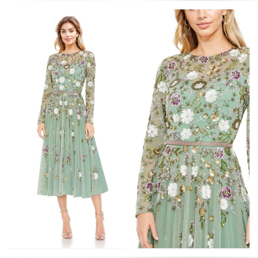 Mac Duggal Green Floral Embroidered Midi Dress